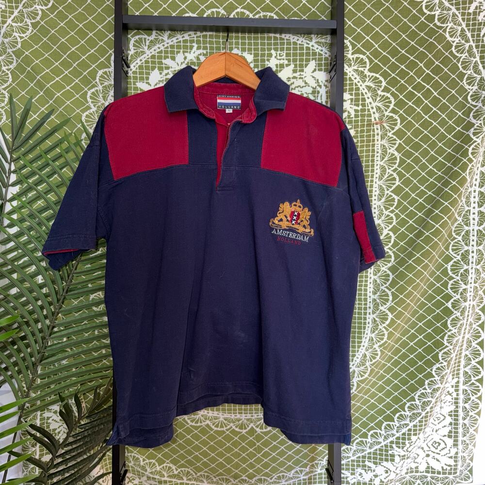 VTG Kist‎ Design Amsterdam Holland Colorblock Polo Shirt Navy Red Large